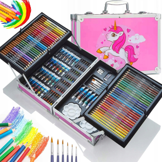 UMELECKÁ SADA NA MAĽOVANIE 145 ks, plastové fixky, pastelky, farby, kufrík